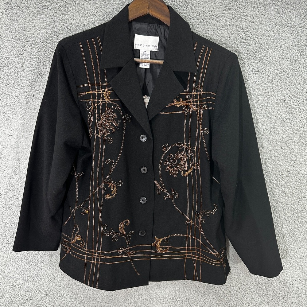 Susan Graver Jacket M Black‎ Gold Embroidered Beaded Career Chic Holiday Evening